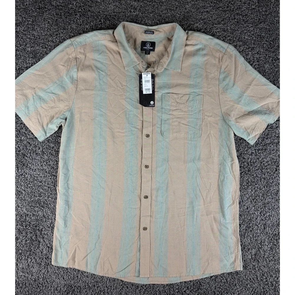 Volcom Flaxston Mens XL Short Sleeve Button Up Shirt Tan Blue Striped A0422402